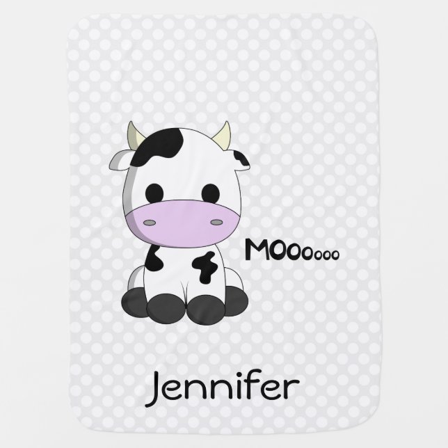 Cow cartoon on polka dots - name baby blanket (Front)