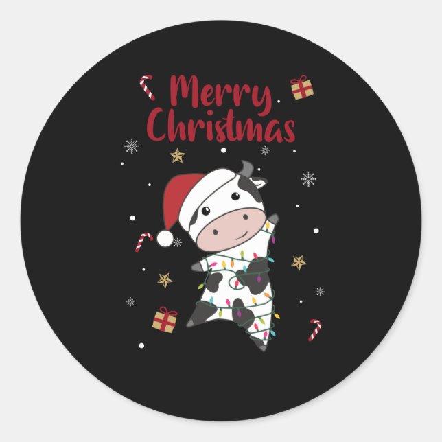 Cow Cheerful Christmas Winter Animals Cows Classic Round Sticker (Front)