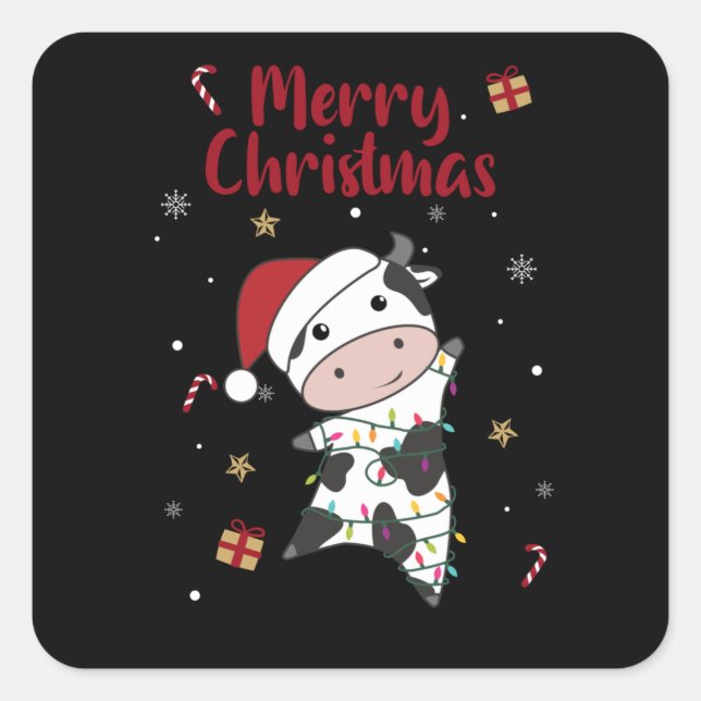 Cow Cheerful Christmas Winter Animals Cows Square Sticker (Front)