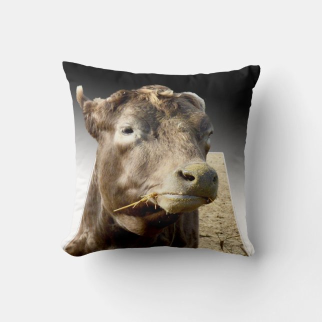 Cow Chewing Hay, Popout Art, Throw Cushion. Pillow (Front)