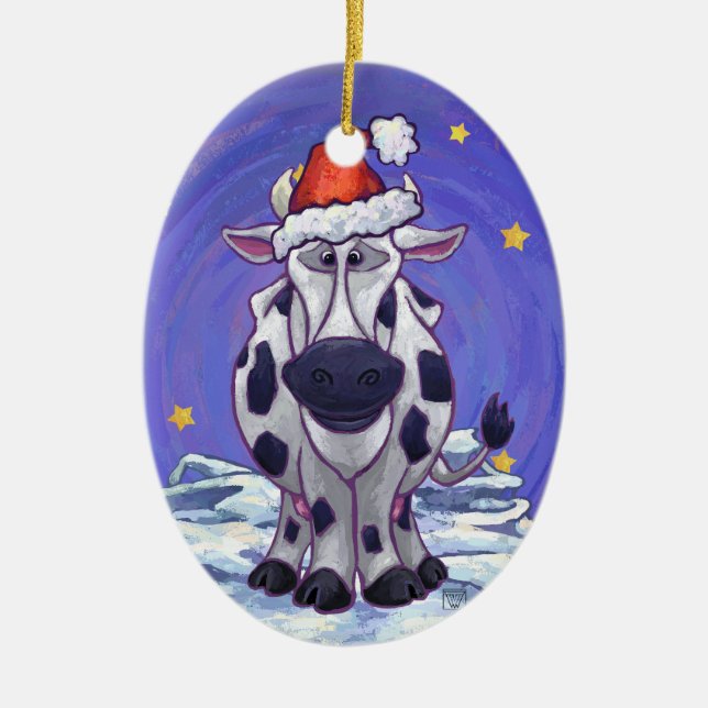 Cow Christmas Ceramic Ornament (Front)
