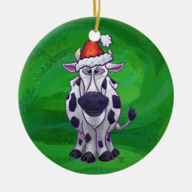 Cow Christmas On Green Ceramic Ornament (Front)