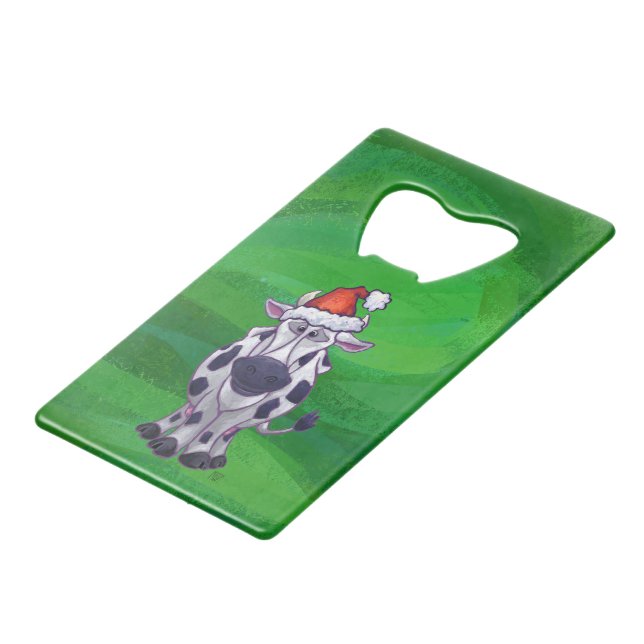 Cow Christmas On Green Credit Card Bottle Opener (Front Angled)
