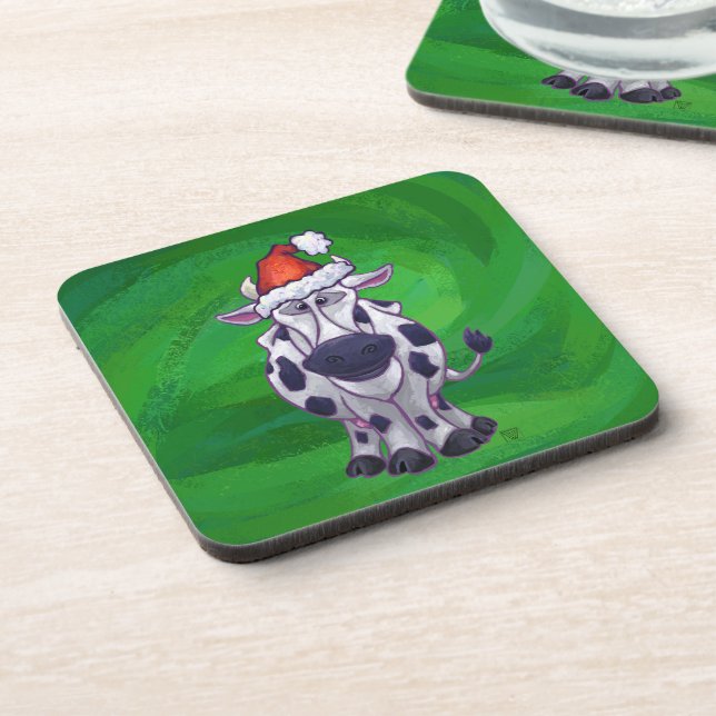 Cow Christmas On Green Drink Coaster (Left Side)