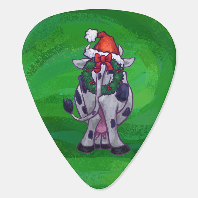 Cow Christmas On Green Guitar Pick (Back)