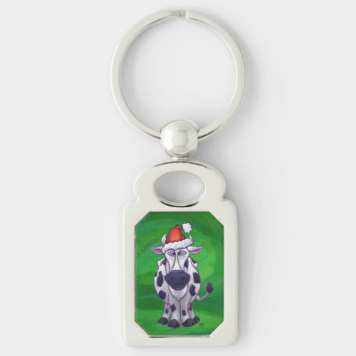 Cow Christmas On Green Keychain