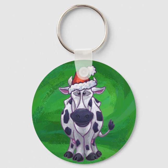 Cow Christmas On Green Keychain (Front)