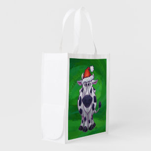 Cow Christmas On Green Reusable Grocery Bag