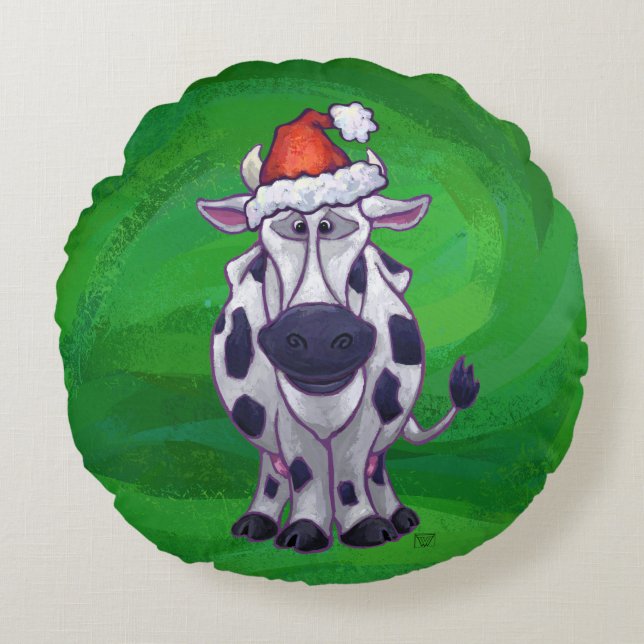 Cow Christmas On Green Round Pillow (Front)