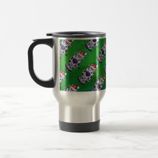 Cow Christmas On Green Travel Mug (Left)