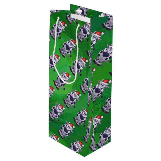 Cow Christmas On Green Wine Gift Bag (Front Angled)