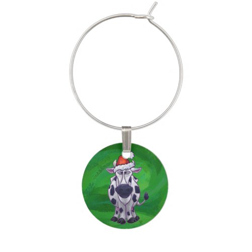 Cow Christmas On Green Wine Glass Charm