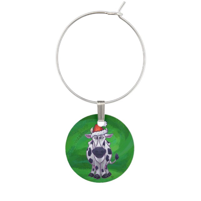 Cow Christmas On Green Wine Glass Charm (Front)