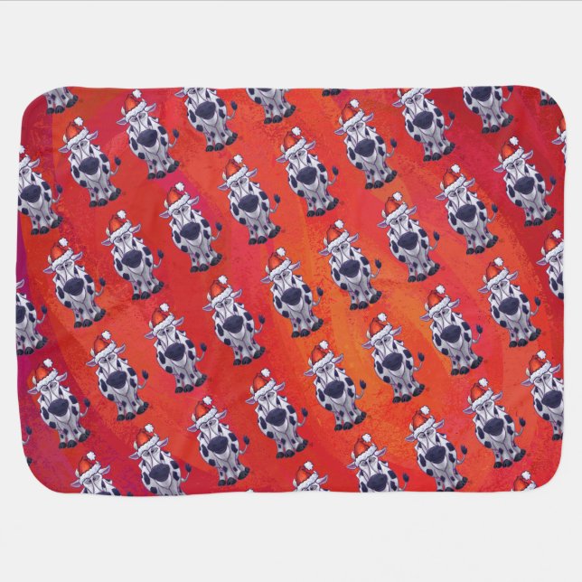 Cow Christmas On Red Baby Blanket (Horizontal)