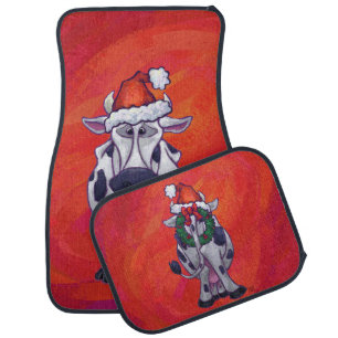 Cow Christmas on Red Car Floor Mat