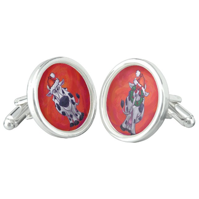 Cow Christmas On Red Cufflinks (Angled)