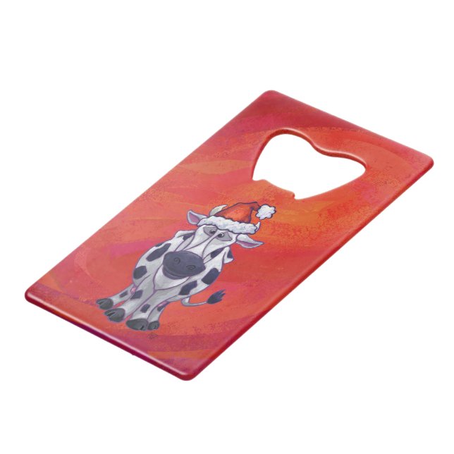 Cow Christmas on Red Feild Credit Card Bottle Opener (Front Angled)