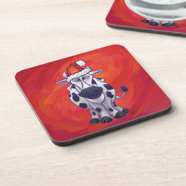 Cow Christmas on Red Feild Drink Coaster (Left Side)