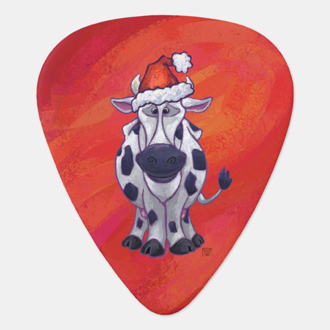 Cow Christmas on Red Feild Guitar Pick (Front)