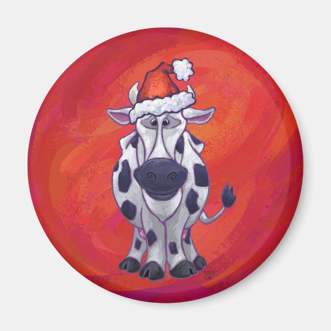 Cow Christmas on Red Feild Magnet (Front)