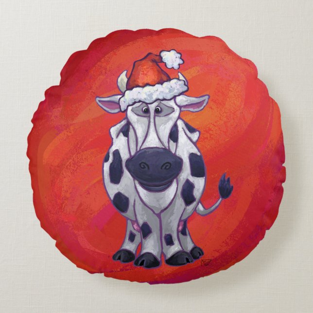 Cow Christmas on Red Feild Round Pillow (Front)