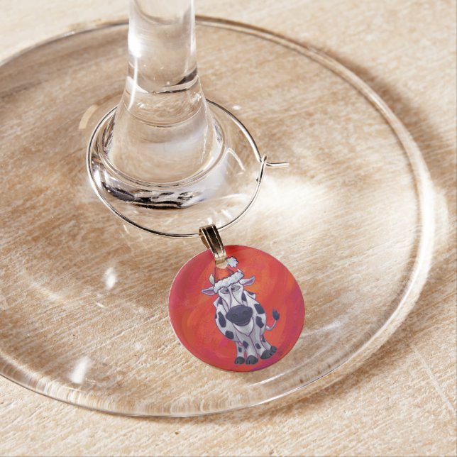 Cow Christmas on Red Feild Wine Glass Charm (In Situ)