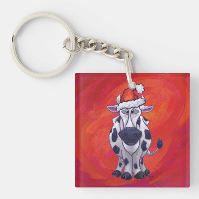Cow Christmas On Red Keychain (Front)