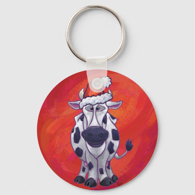 Cow Christmas On Red Keychain (Front)