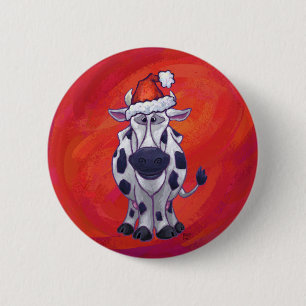 Cow Christmas On Red Pinback Button