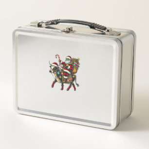 Cow Christmas Santa Hat Buffalo Plaid Xmas Cow Lov Metal Lunch Box