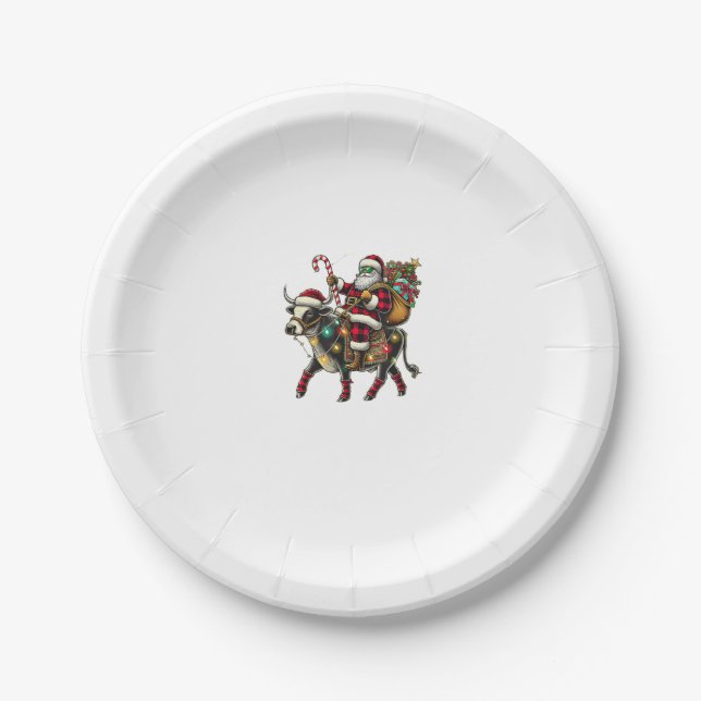 Cow Christmas Santa Hat Buffalo Plaid Xmas Cow Lov Paper Plates (Front)