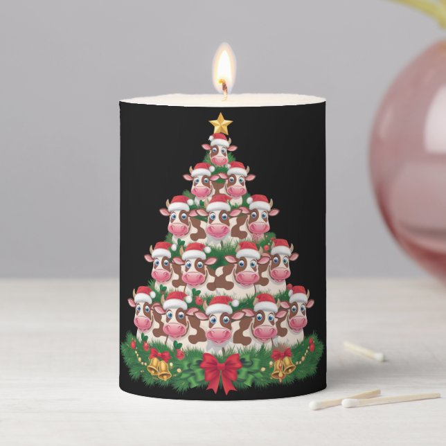 Cow Christmas Tree Funny Cow Lover Cow Xmas Pillar Candle (In Situ)