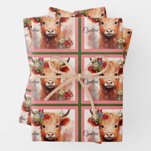 Cow Cute Christmas Baby Add Name Pink Wrapping Paper Sheets