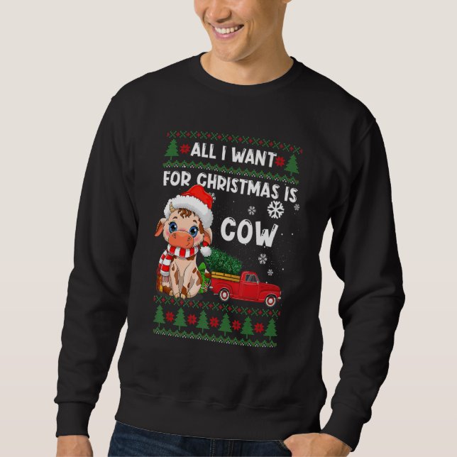 Cow  Cute Cow Santa Hat Ugly Christmas Sweater (Front)