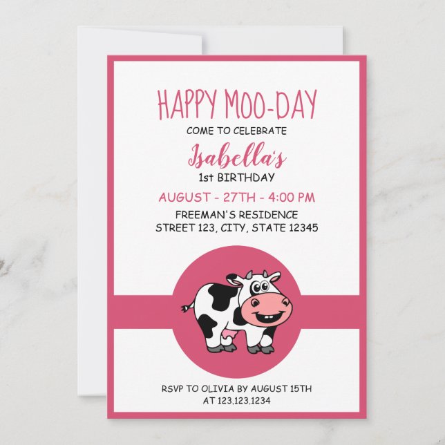 Cow Cute Farm Animal Themed Girl 1st Birthday Invi Invitation (Front)