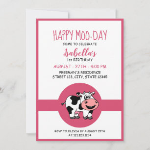 Cow Cute Farm Animal Themed Girl 1st Birthday Invi Invitation