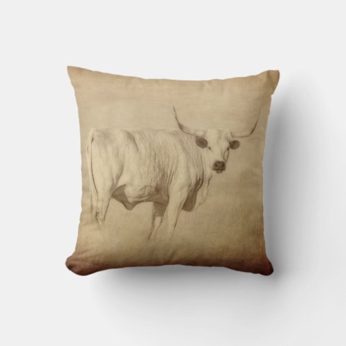 cow decor longhorn rustic country  farmhouse sepia throw pillow