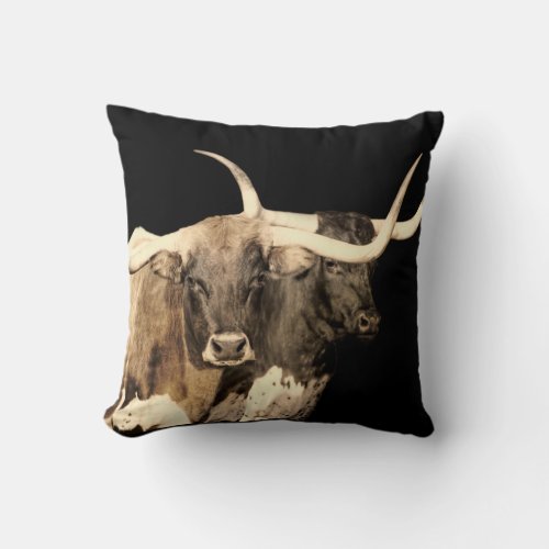 cow decor longhorns sepia tones on black throw pillow