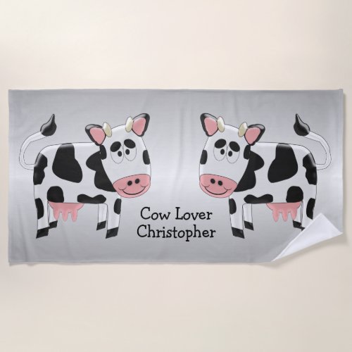 Cow Design Grey Coloured Personalised Beach Towel