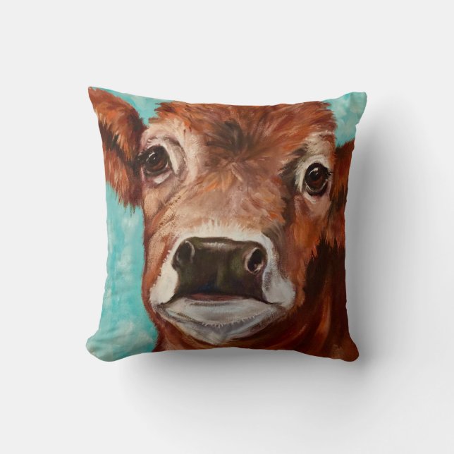 Cow Design in Aqua Throw Pillow (Front)