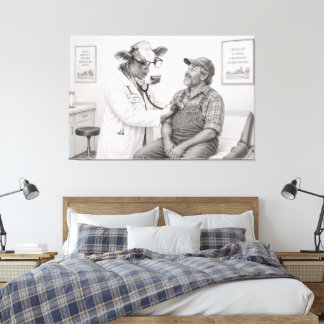 Cow Doctor Examining a Farmer Pencil Sketch Canvas Print