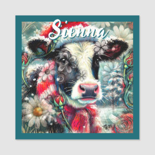 Cow Dreaming of Warmer Times Floral Personalized Name Tag