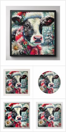 Cow Dreaming of Warmer Times Teal Red Floral