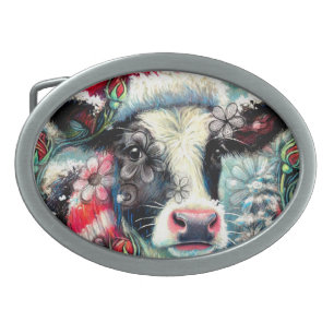 Cow Dreaming of Warmer Times Teal Red Floral Belt Buckle