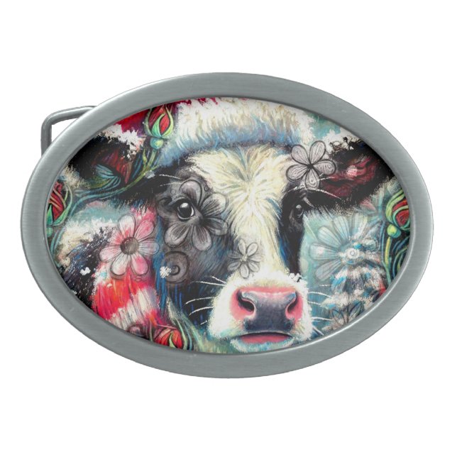 Cow Dreaming of Warmer Times Teal Red Floral Belt Buckle (Front)