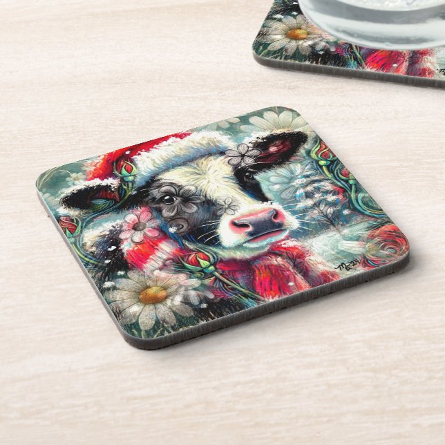 Cow Dreaming of Warmer Times Teal Red Floral Beverage Coaster (Left Side)