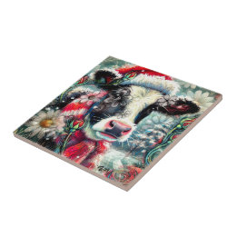Cow Dreaming of Warmer Times Teal Red Floral Ceramic Tile