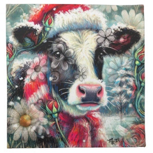 Cow Dreaming of Warmer Times Teal Red Floral Cloth Napkin