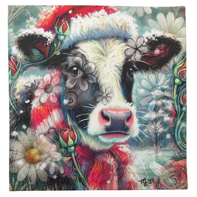 Cow Dreaming of Warmer Times Teal Red Floral Cloth Napkin (Front)
