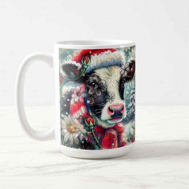 Cow Dreaming of Warmer Times Teal Red Floral Coffee Mug (Left)